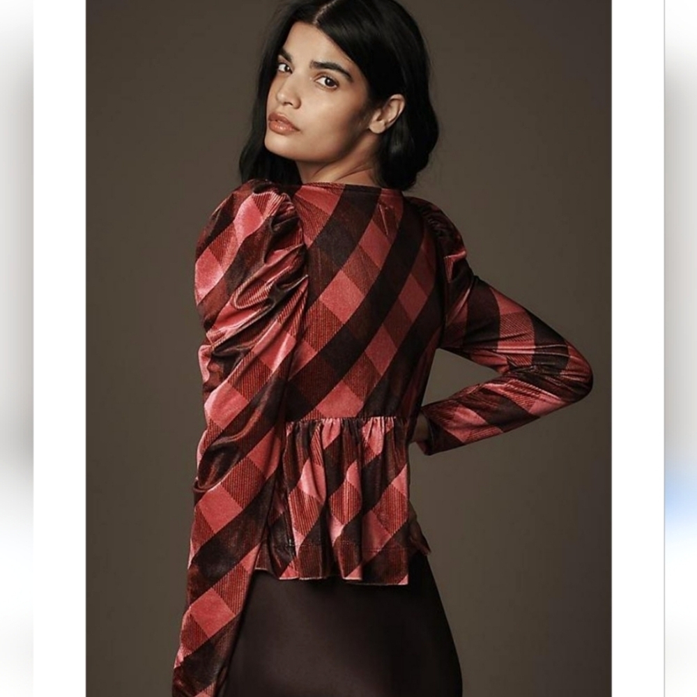 NWT Anthropologie Maeve Velvet Babydoll Plaid Top Size Medium